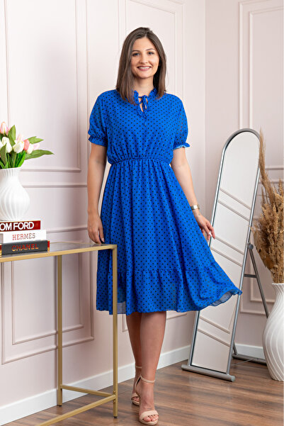 OEM Rochie retro albastra Leslie cu buline negre si maneci bufante