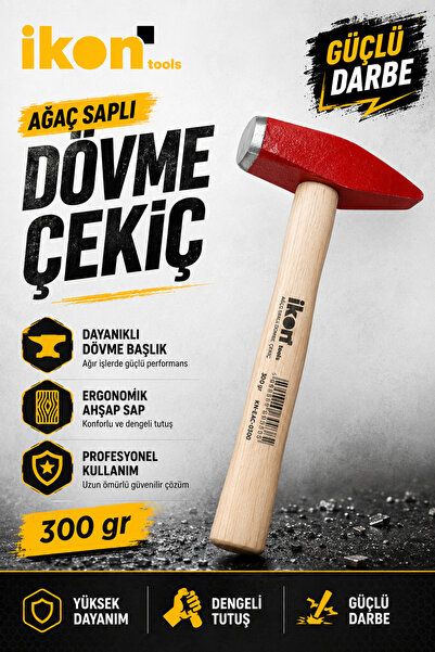İkon Tools Ağaç Saplı Dövme Çekiç 300 gr Dayanıklı Çelik Başlıklı Ahşap Saplı...
