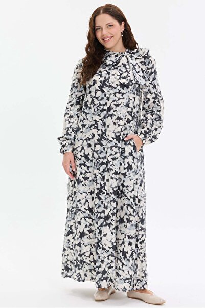 KADO OUTLET Patterned Long Dress with Scarf Collar