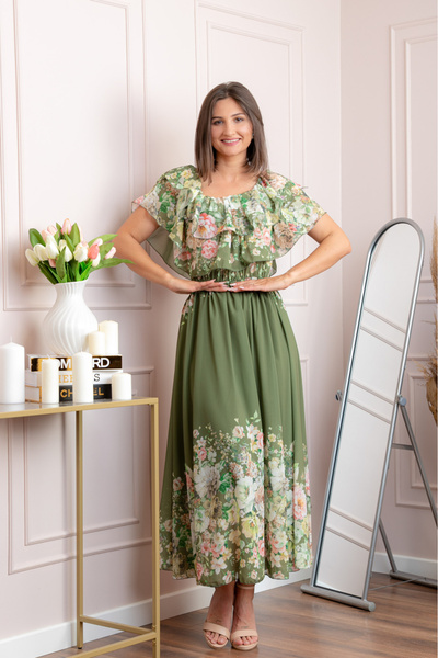OEM Rochie eleganta lunga Ayana cu imprimeri florale si volane ample - Kaki
