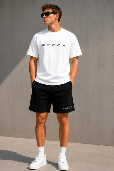 FECCY Black Women's and Men's Printed Oversized Set with Shorts