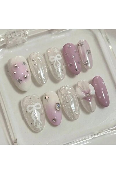 Choice1 SJ0514-XS 10 hand pressed oval nails, beautiful fake nails, pink and ...