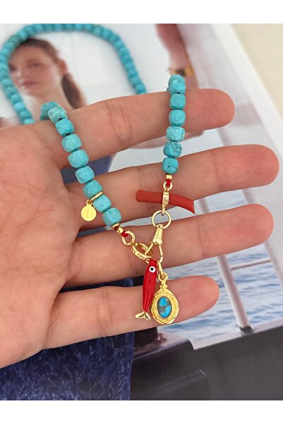 emy by emel luxury silver jewelry Altın Kaplama Charm Detaylı Firuze Taşlı Ko...