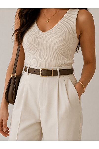 DERİMAY 3 cm Bitter Brown Women's Belt with Satin Gold Buckle, Curved Body an...