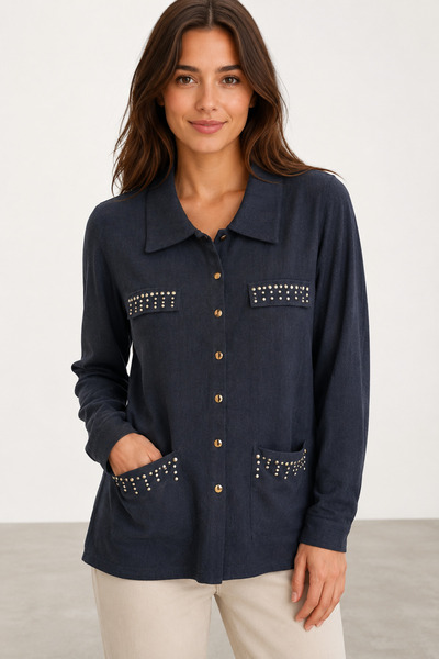 bihan store Women's Stone Detailed Pocketed Shirt Y26-1173 - Navy Blue