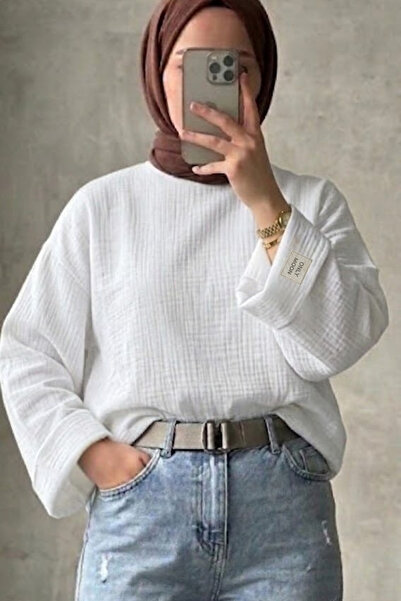 onlymoon Beyaz Çift Kat Müslin Kumaş Kadın Bady %100 Pamuk Oversize Salaş Kes...