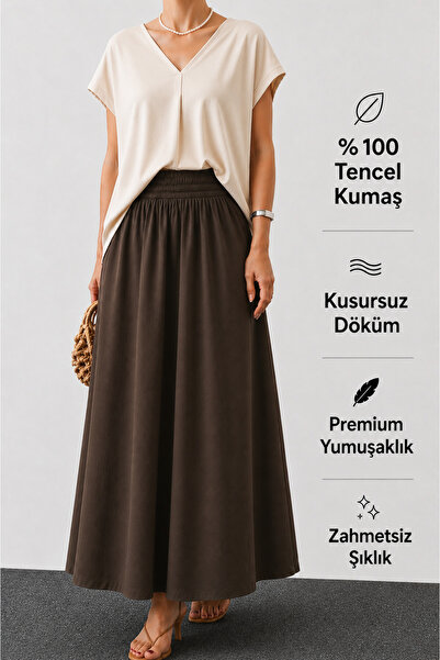 CNRCollection Kadın Kahverengi Cepli Beli Lastikli Yumuşak Dokulu %100 Tensel...