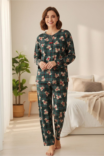 TOFİSA Patterned Suede Pajama Set - 28048-Zumrut