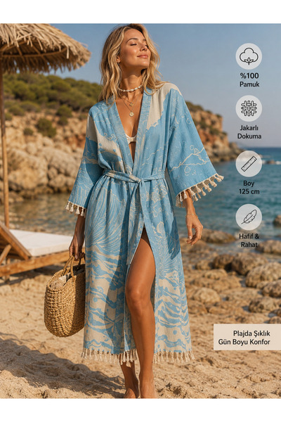 Genel Markalar Jakarlı %100 Pamuk Kimono Plaj Elbisesi Mavi Desenli 125 cm