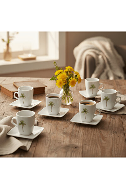 Velvet White Ceramic Cup & Saucer Set With Palm Tree Design – 12 Piece Set | ...