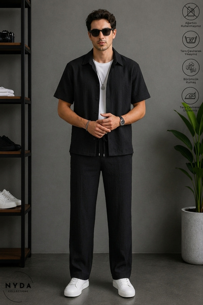 Nyda Collections Men's Wrinkled Fabric Summer Buttoned Short-Sleeved Shirt an...