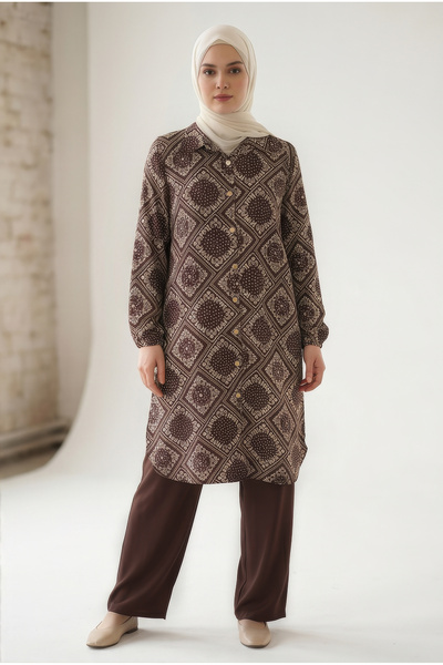 tuvadi Women's Scarf Patterned Double Crepe Two-Piece Set - Hijab Tunic Shirt...