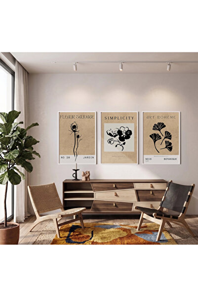 KOLAJTASARIM Ilustrații botanice boeme Set de 3 tablouri înrămate albe Pictur...