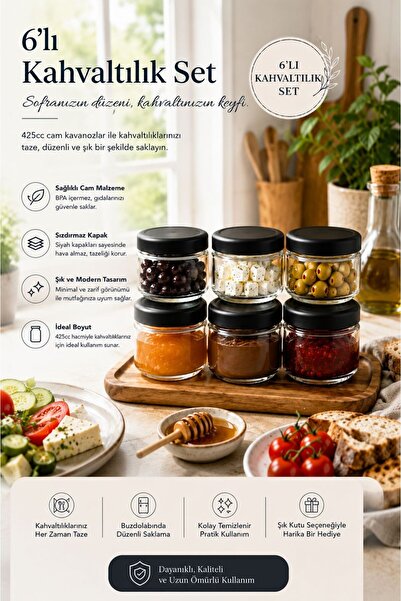 Tercih Home 6-Piece Glass Breakfast Storage Container with Black Lid 425 ml G...