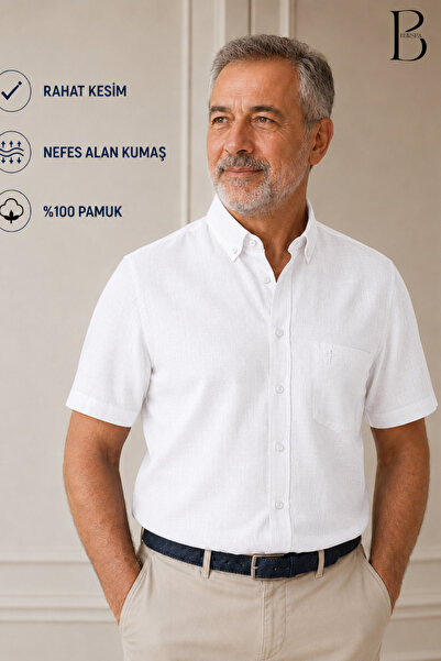 BURSPA Relaxed Fit Classic Men's Dad Short Sleeve 100% Cotton Linen Shirt