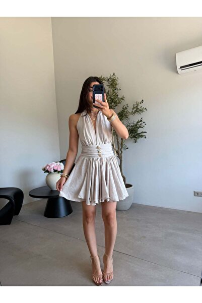 Bade Butik Beige halter neck short dress with glitter