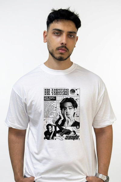 Anetos Kim Taehyung_3 Design Printed Oversize White T-Shirt