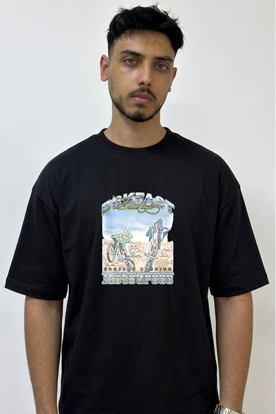 Anetos Motocross Design Printed Oversize Black T-Shirt