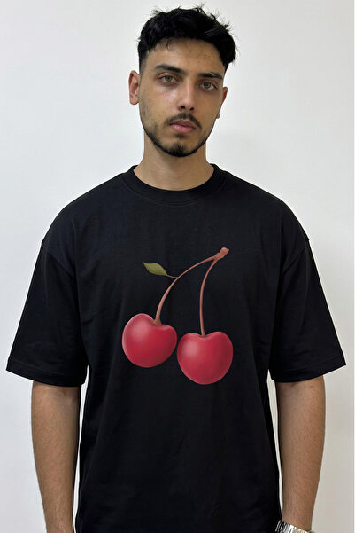 Anetos Red Cherry Design Printed Oversize Black T-Shirt