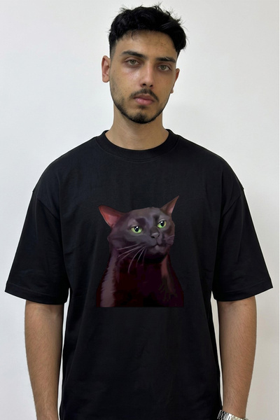 Anetos Black Cat Design Printed Oversize Black T-Shirt