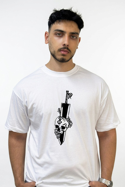 Anetos Berserk Skull_2 Σχέδιο με στάμπα, υπερμεγέθη λευκό μπλουζάκι