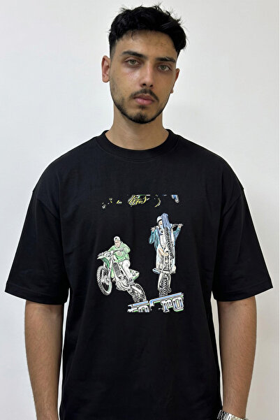 Anetos Motocross Wheelie Design Printed Oversize Black T-Shirt