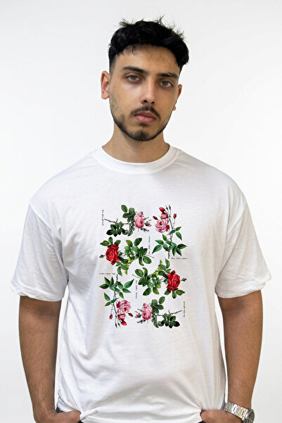 Anetos Botanical Rose Design Printed Oversize White T-Shirt
