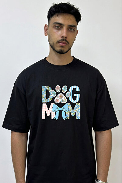 Anetos Dog Mom Paw Design Printed Oversize Black T-Shirt