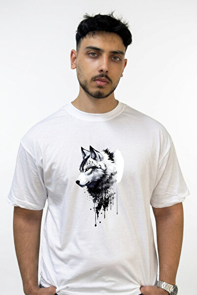 Anetos Ink Wolf Design Printed Oversize White T-Shirt