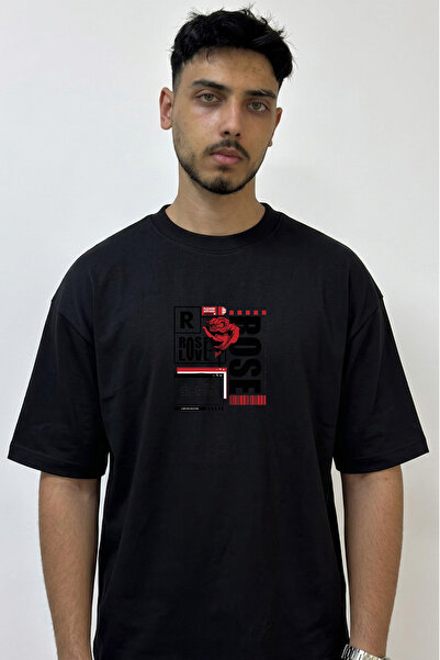 Anetos Rose Love Design Printed Oversize Black T-Shirt