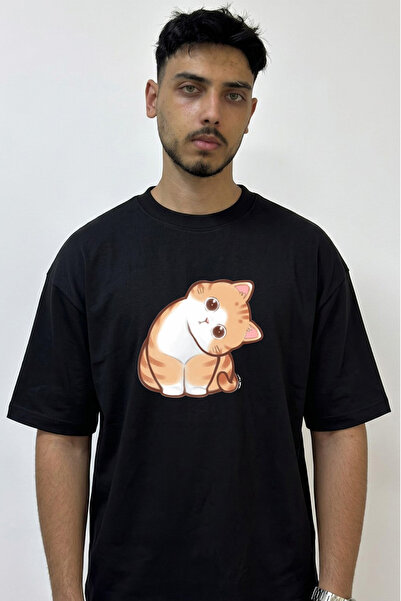 Anetos Cartoon Cat_4 Design Printed Oversize Black T-Shirt