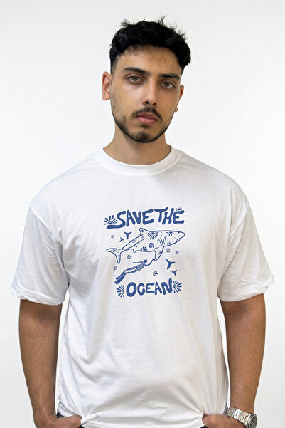 Anetos Save the Ocean Design Printed Oversize White T-Shirt