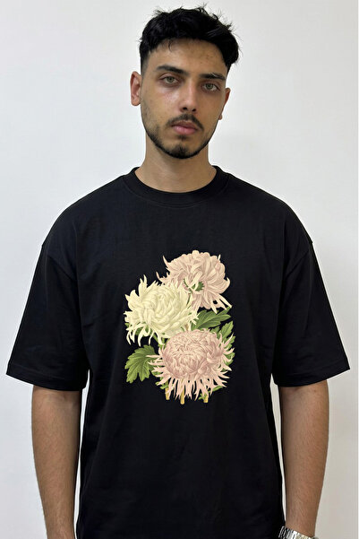 Anetos Chrysanthemum Design Printed Oversize Black T-Shirt