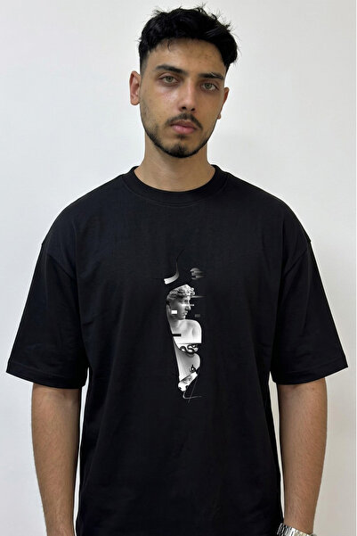 Anetos Classic Sculpture Yilan Design Printed Oversize Black T-Shirt