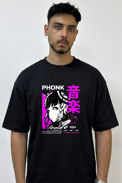 Anetos Phonk Anime Design Printed Oversize Black T-Shirt