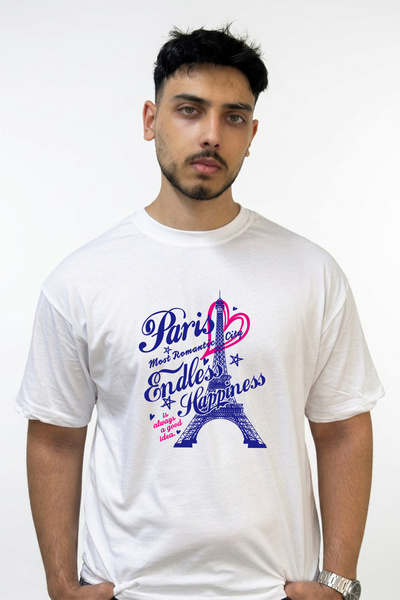 Anetos Paris Eiffel Tower Design Printed Oversize White T-Shirt