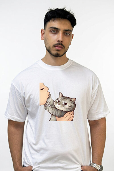 Anetos Tekir Cat Opucuk Design Printed Oversize White T-Shirt