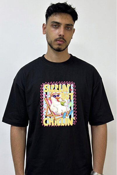 Anetos Duck Summer Chill Design Printed Oversize Black T-Shirt