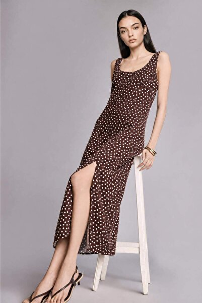 DeFacto Regular Fit Heart Collar Printed Linen Blend Strap Midi Dress H8432Ax...