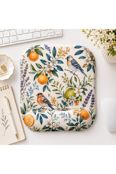 matizya Kuş ve Narenciye Desenli Bilek Destekli Mousepad 19x23 cm Ergonomik K...
