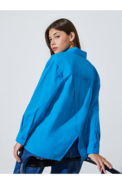 Styli Blue Cotton Oversized Shirt with Split Back Hem