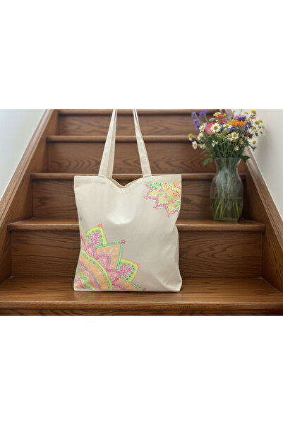 Vogue Visage Corner Mandala Hand-Painted Canvas Tote Bag