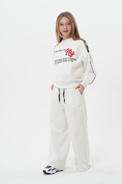 HayKids Girl's Wide-Legged Contrast Waist Detailed Top and Bottom Set