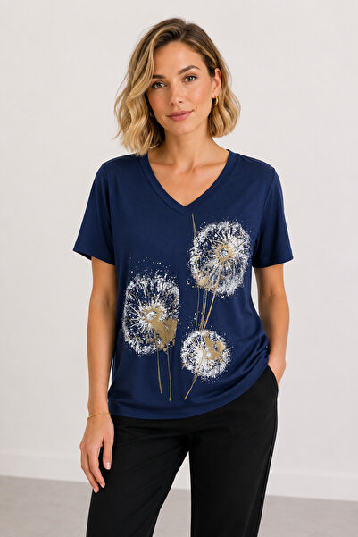 bihan store Women's V-Neck Dandelion Patterned T-Shirt - Y26-1310 - Navy Blue