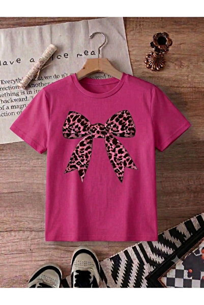 KOZİA OUTDOORS Women's Leopard Print Bow Print Oversized Crew Neck T-Shirt