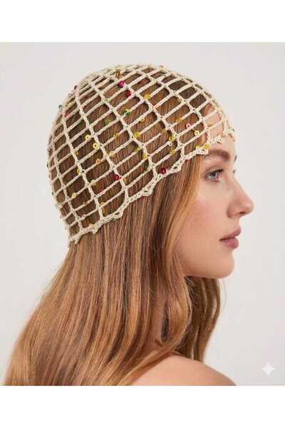 NOİR & GOLD Women's Colorful Sequined Mesh Beanie Hand Knitted Hair Accessory