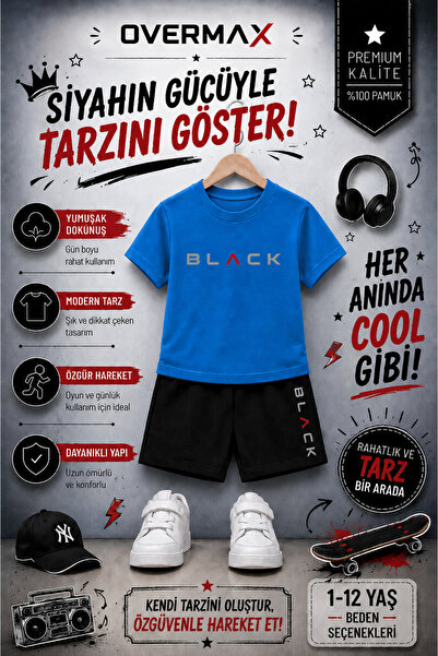 OVERMAX Black Printed Children's Set – T-Shirt & Shorts 2-Piece Combination |...