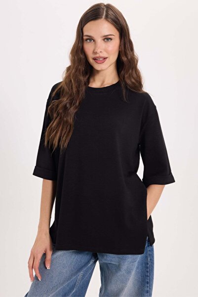 Tudors Women's Oversize Wide Cut 100% Cotton Slit Detailed Short Sleeve Crew ...
