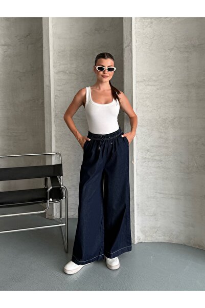 Mudcosıo Women's Wide Leg High Waist Tencel Summer Jeans with Elastic Waistband