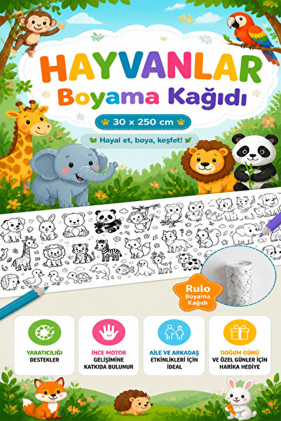 kutuTR Hayvanlar Rulo Boyama Kağıdı 30x250 cm Eğitici Çocuk Aktivite Posteri